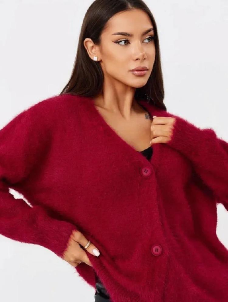Women Mink Knitted Sweater Solid Color Cardigan Loose V Neck for Autumn Winter