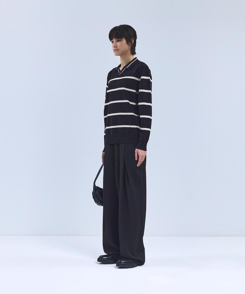 IRONYPORNO WHITELINE 86-Iroj365 Open-Neck Striped Long-Sleeve Knit Black