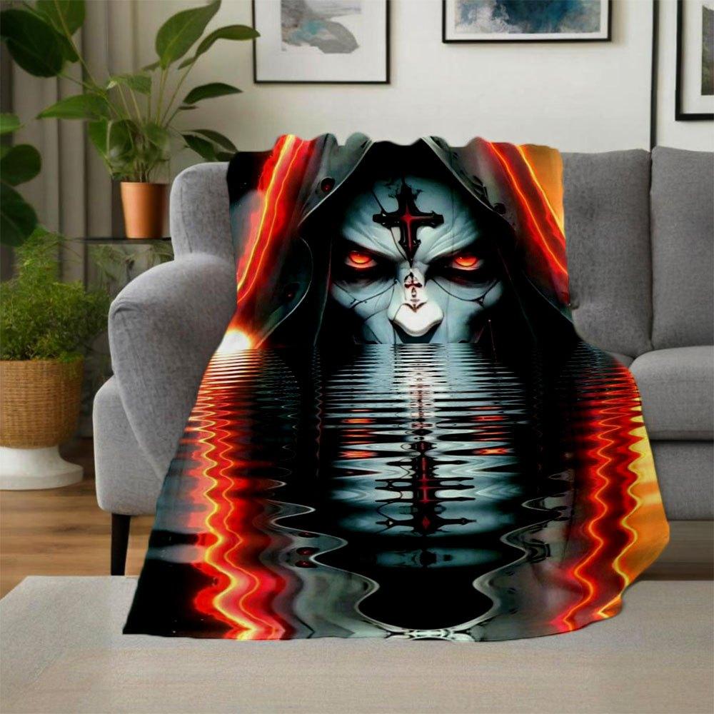 Gothic Hooded Figure with Cross Face Mask Art Print PosterBlanket Flannel Throw Blanket for Sofa, Bed, Travel, Camping, Office