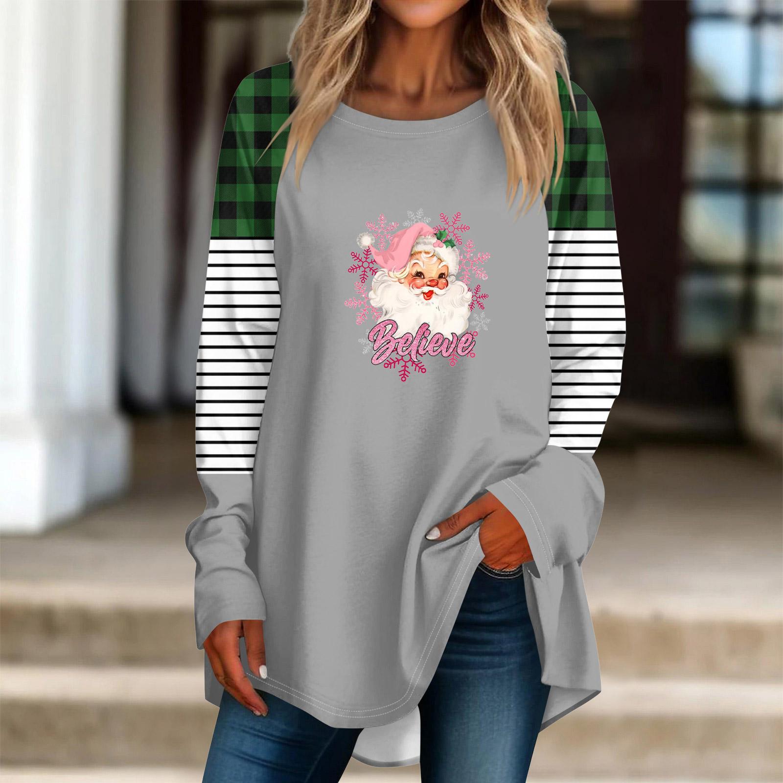 

Fashionable Women s Loose Round Neck Christmas Small Print Long-sleeved T-shirt Top Pullover L