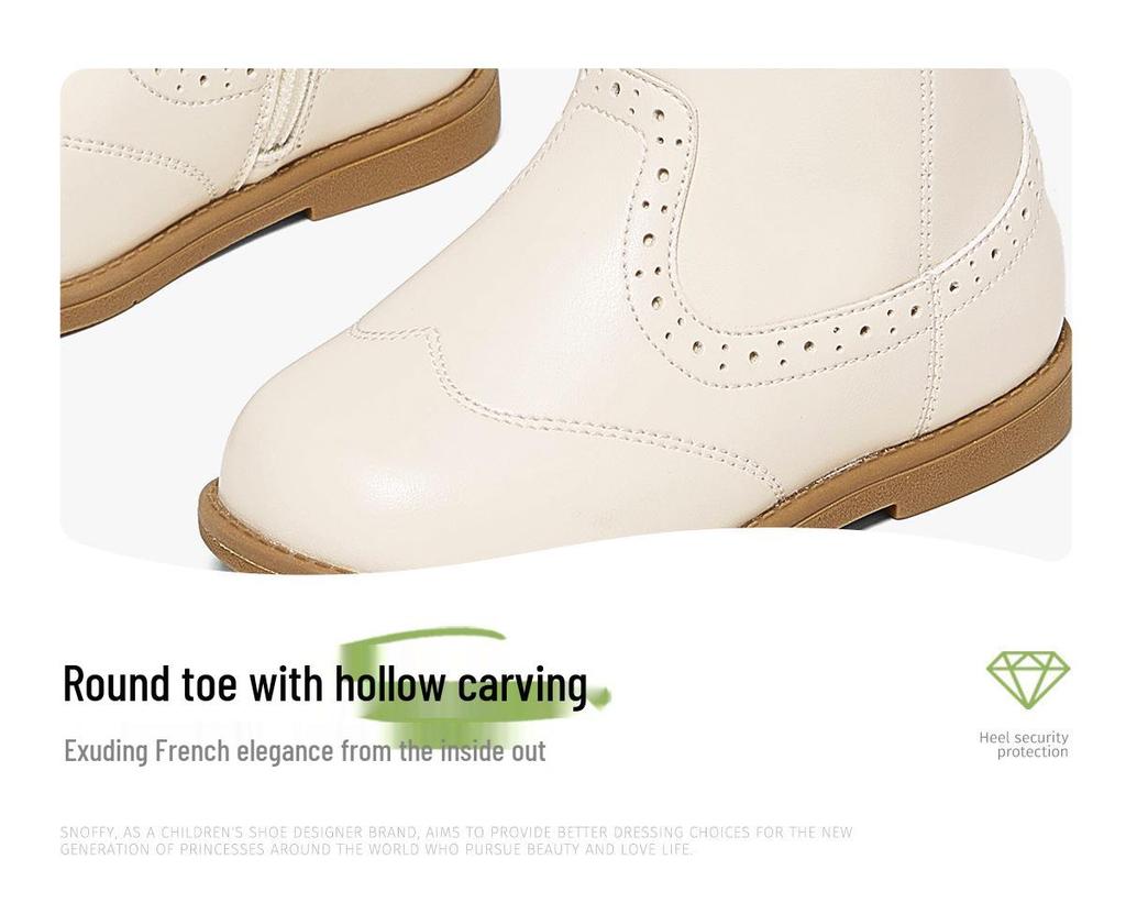 Snuffy Girls' White Leather Mid-Calf Boots - Stylish Warm Princess Boots for Autumn/Winter