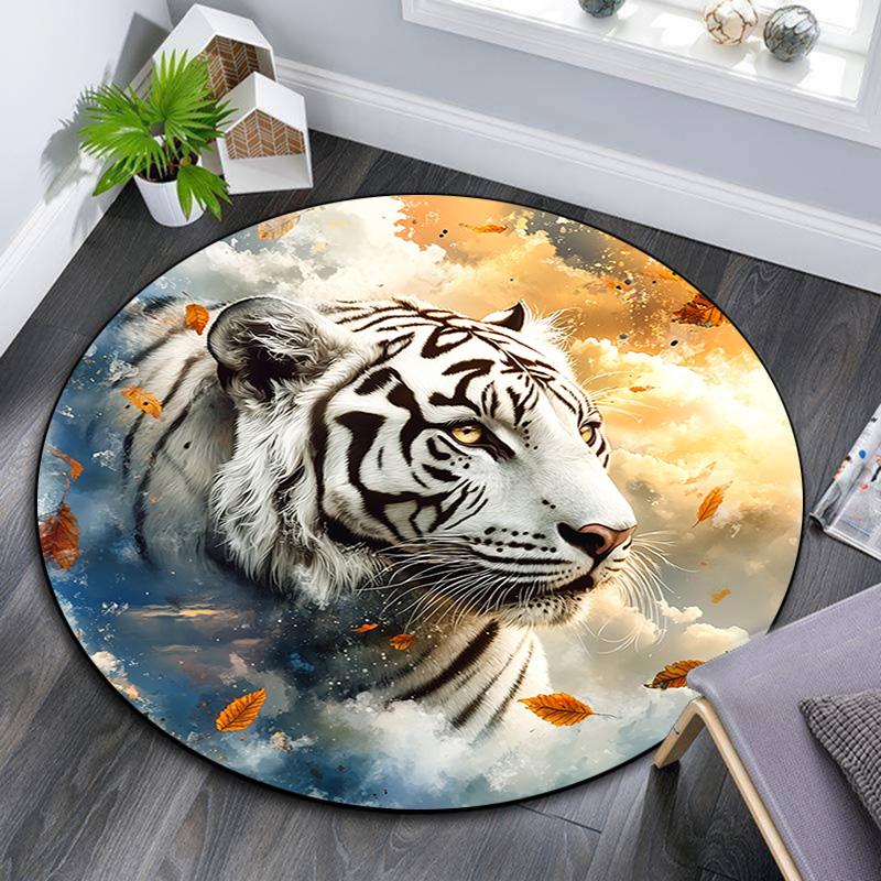 

White Tiger with Falling Leaves Round Area Rug,Carpet Rug for Living Room Bedroom Sofa Playroom Decor,Non-slip Floor Mat 80cmx80cm
