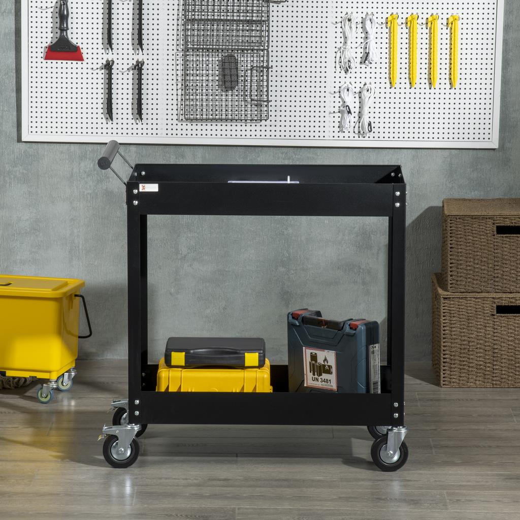 Workshop Trolley, 2 Tiers, Hand Cart, 4 Wheels, Steel, up to 150 kg, 84.5 x 38 x 84 cm, Black