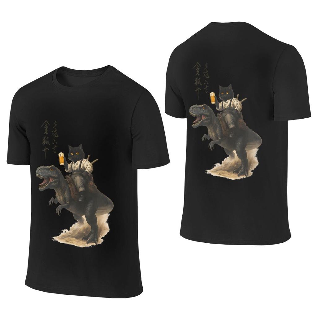 Korean Straight Fit Reversible Tee Samurai Cat Riding Dinosaur Cheers To Chaos Print Premium Finish Casual Style