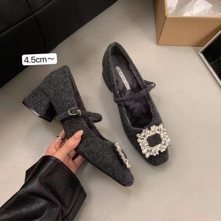French Low-heeled Black Evening Single Shoes Women's Shoes 2025 Autumn and Winter Rhinestone Square Head Plush Mary Jane Fluffy Shoes