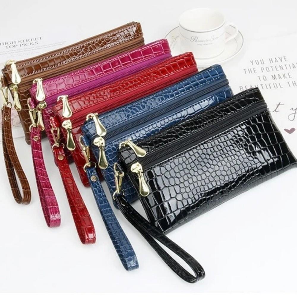 Portable PU Leather Women Long Wallets Stone Grain Double Zipper Coin Purse Hand-held Phone Bag Lady Purses