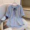 Striped front shoulder short-sleeved shirt women's summer new large size slightly fat mm beaded doll shirt top A