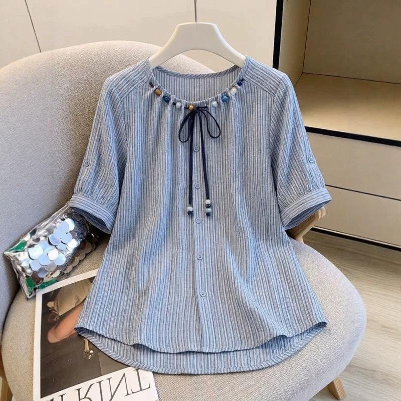 Striped front shoulder short-sleeved shirt women's summer new large size slightly fat mm beaded doll shirt top A