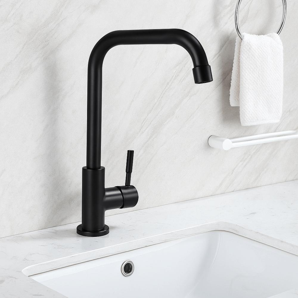 Stainless Steel Kitchen Faucet Convenient Universal Rotatable Spout Faucet Wall-mounted Black Single Cold Water Tap Bathroom