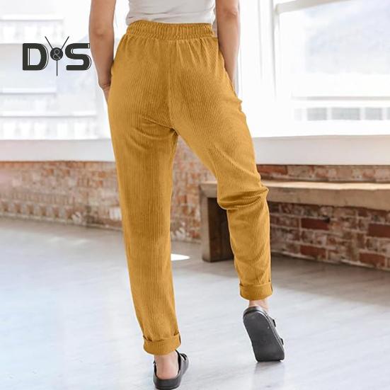 Women Corduroy Pants High Waist Baggy Drawstring Elastic Waist Casual Trousers Loose Fit Straight Leg Pockets Work Pants