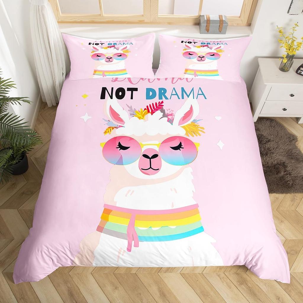 Alpacka Påslakan Queen King Size Tecknad Alpacka Sängkläder Set Lämpligt för Barn Tonårsflickor Sött Djurtryck Täckeöverdrag 3 Delar