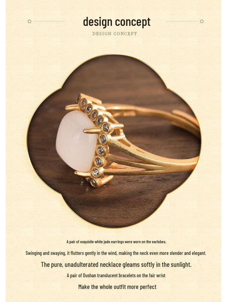 Chinesischer Hofstil Quadratischer Weißer Jade Achat Goldring - Antikes Kostüm Hanfu Accessoire