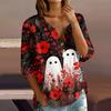 Women's Halloween Print V-Neck Button Three-Quarter Sleeve T-Shirt Casual Top