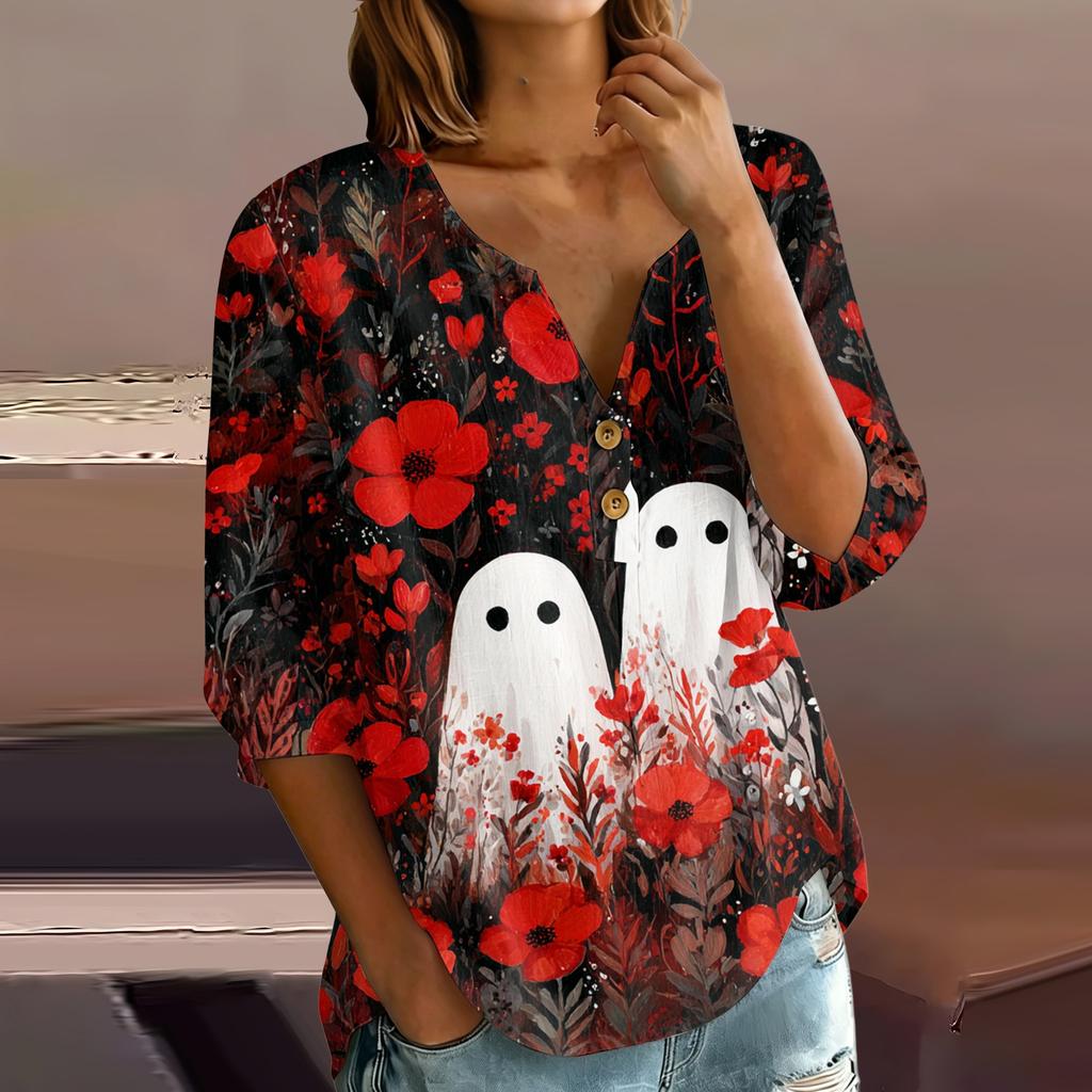 Women's Halloween Print V-Neck Button Three-Quarter Sleeve T-Shirt Casual Top