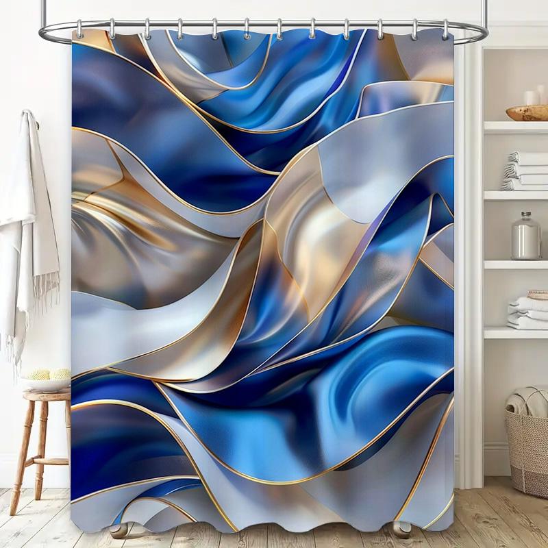 Modern Waves Shower Curtain Bath Decor For Bathroom Remodeling Blue White Gold Print Polyester Waterproof Fabric