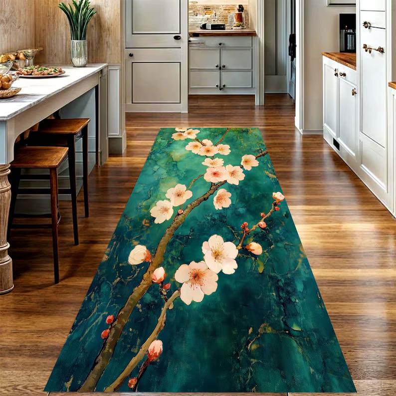 

Mint Runner Rug with Cherry Blossom Design Nonslip Washable Hallway Mat Nature Design Rug Washable Rug Non Slip Rugs home decor 40X120CM