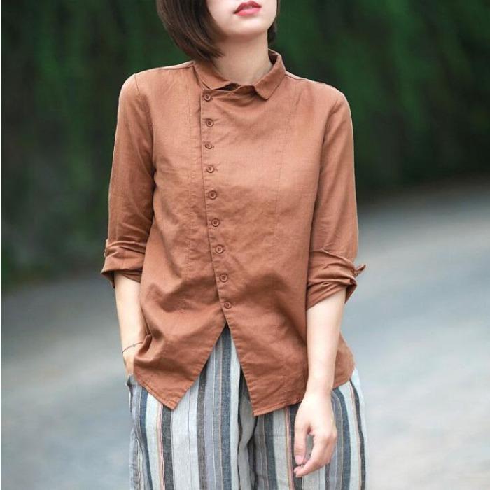 Spring/Summer  Women's Cotton and Hemp Shirt Loose Solid Color Linen Shirt Women's Polo Long Sleeve Shirt