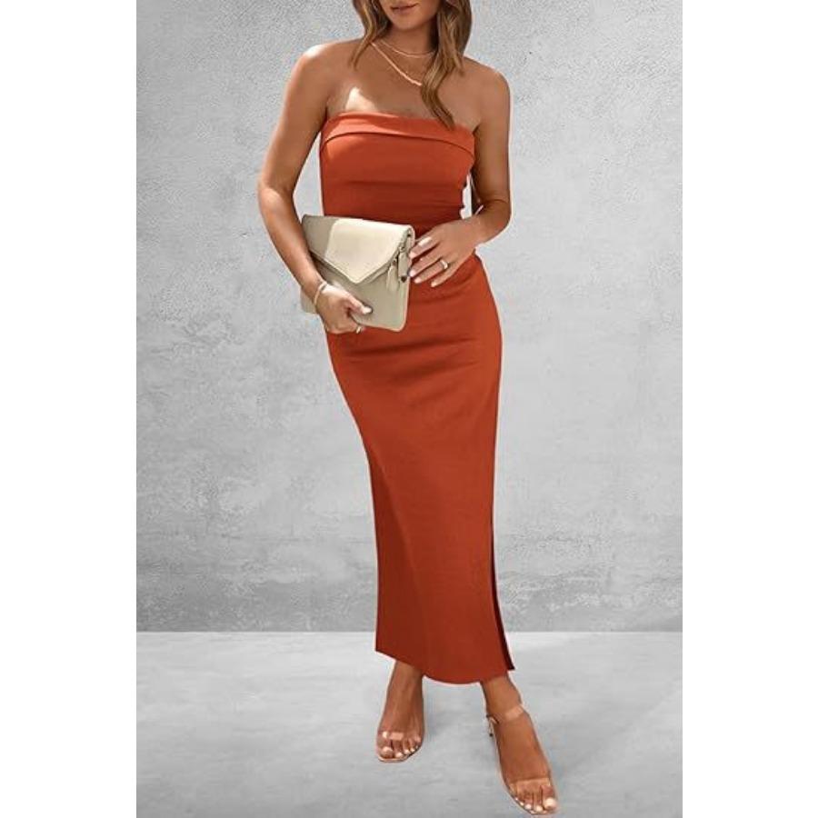 Women's Spring Summer Long Dress Sexy Party Side Slit Strapless Tight Pit Stripe Cocktail & Evening Dresses