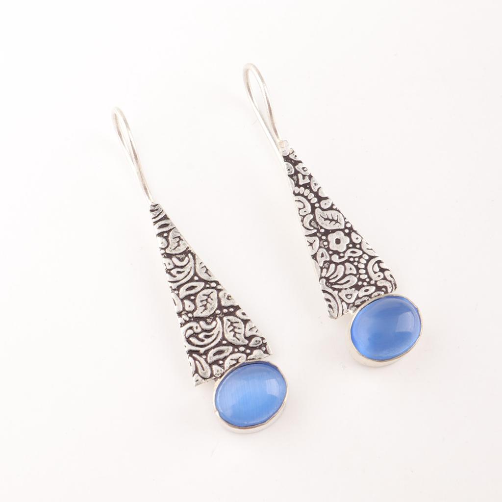 Natural Dark Blue Cat's Eye Gemstone 925 Sterling Silver Jewelry Earrings 1.9" EE-165-42