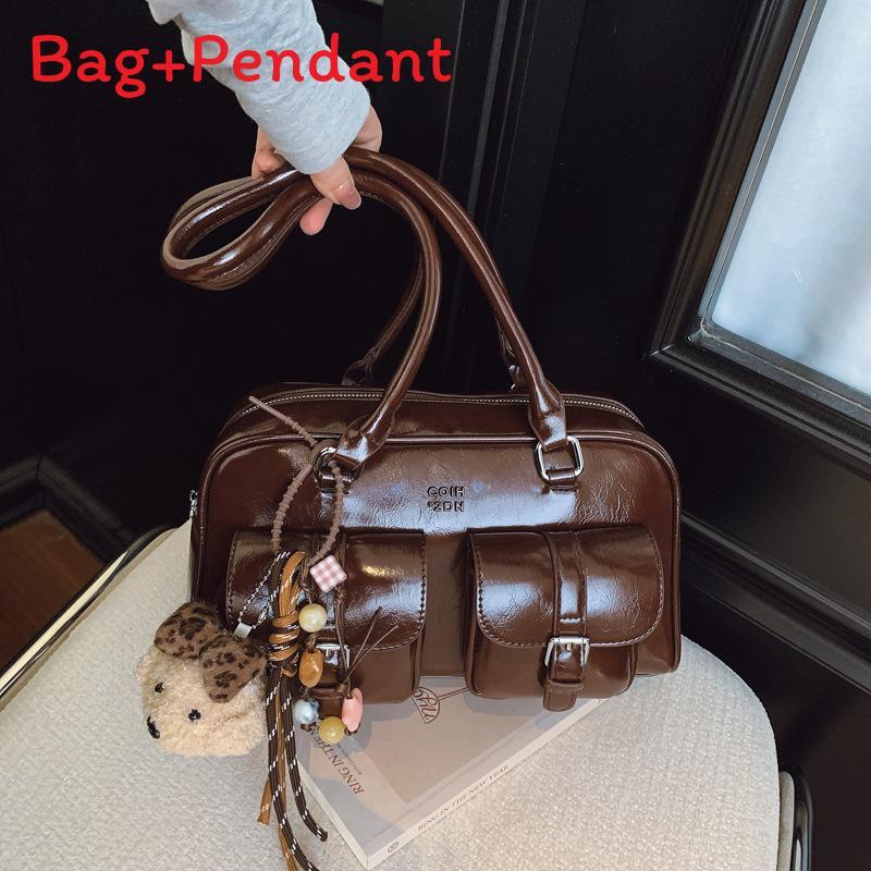 Retro Pu Leather Bowling Bag For Women With Zipper Closure And Inner Pockets