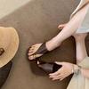 Sheepskin Version of Grape Mother, the Same Herringbone Metal Cover Toe Leather Slippers, Women's Summer Wear Square Head Low Heel Cool Slippers