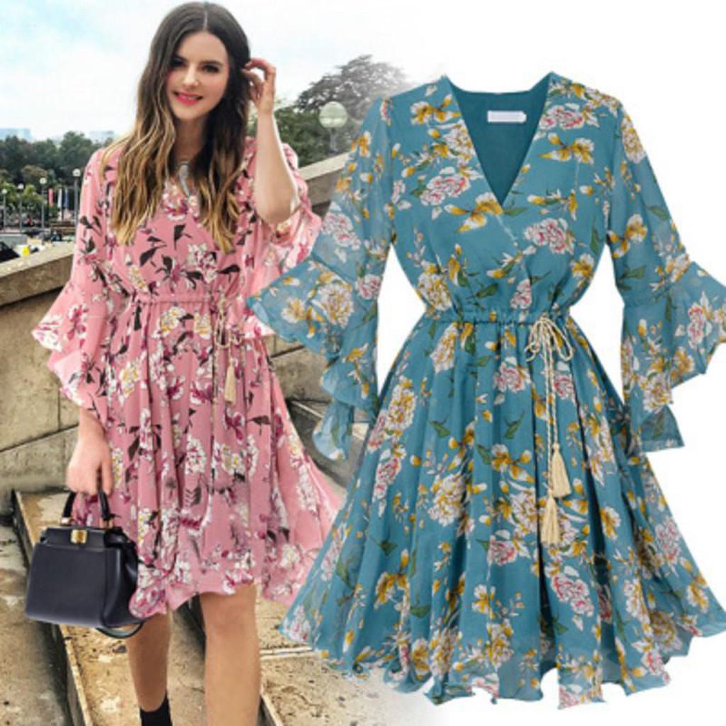 Women Fashion Casual Chiffon Floral Printing Short Sleeve V-Neck  Party Dress
