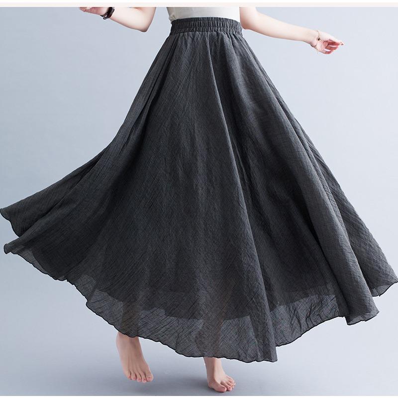 Long A-line Skirt In Cotton and Linen with Elastic Waist In Pure Color for Summer and Autumn