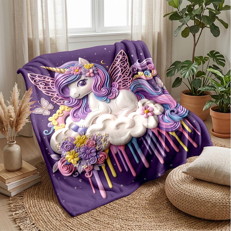 Fantasy Unicorn with Flowers Theme Blanket Lightweight Warm Flannel Blanket Decorative Throw Blanket for Home Decoration