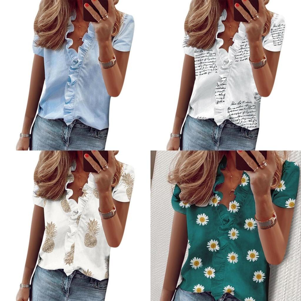 Stylish Women's V Neck Ruffle Short Sleeve T Shirt With Fashionable Daisy Print