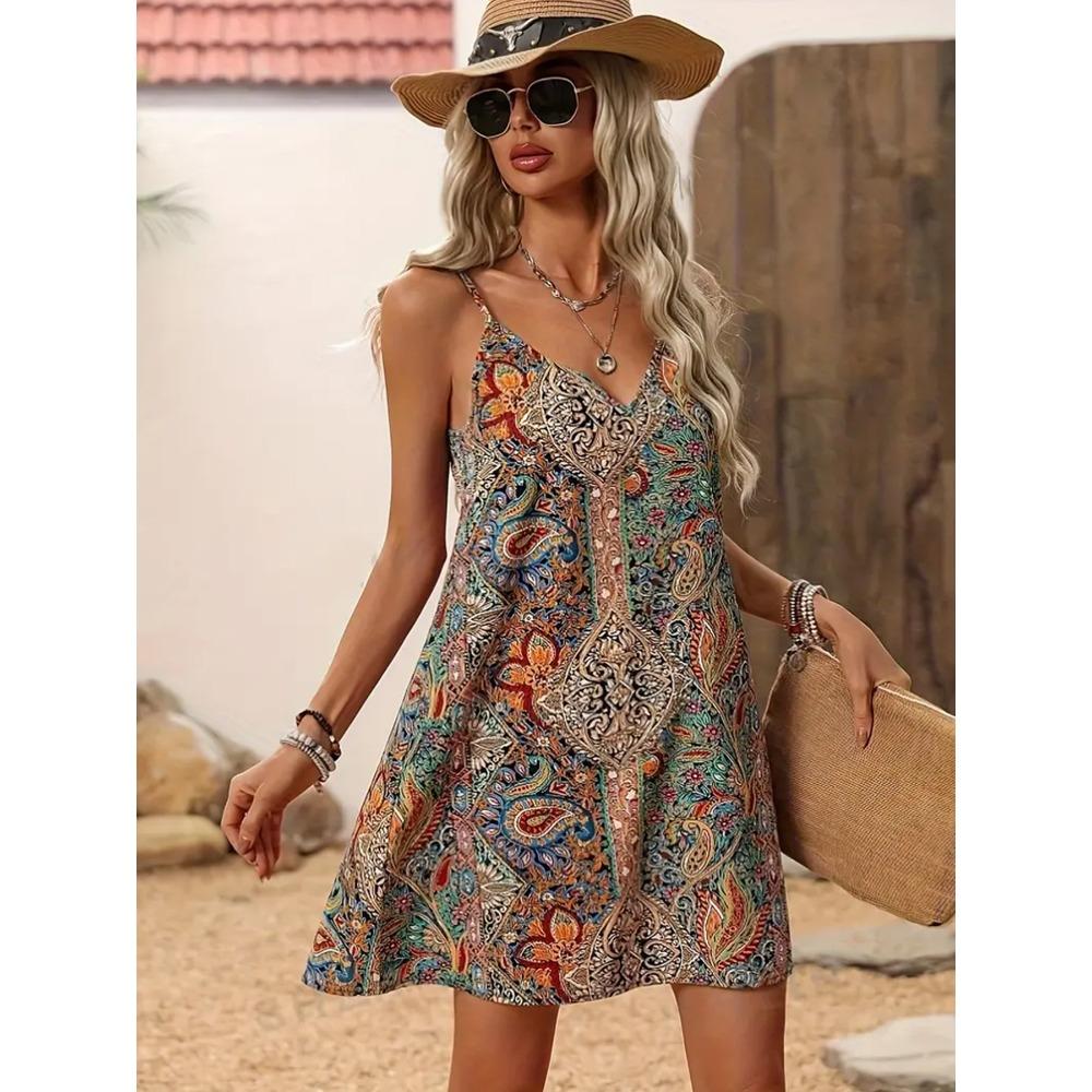 Damen V-Ausschnitt Ärmellos Mini-Kleid A-Linie Hoher Bund Paisley Blumenmuster Boho Sommerkleid