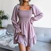 Flared Swing Dress Summer Spring Long Sleeve Square Neck Ruffled A Line Solid Color All Match Sizes S To XL