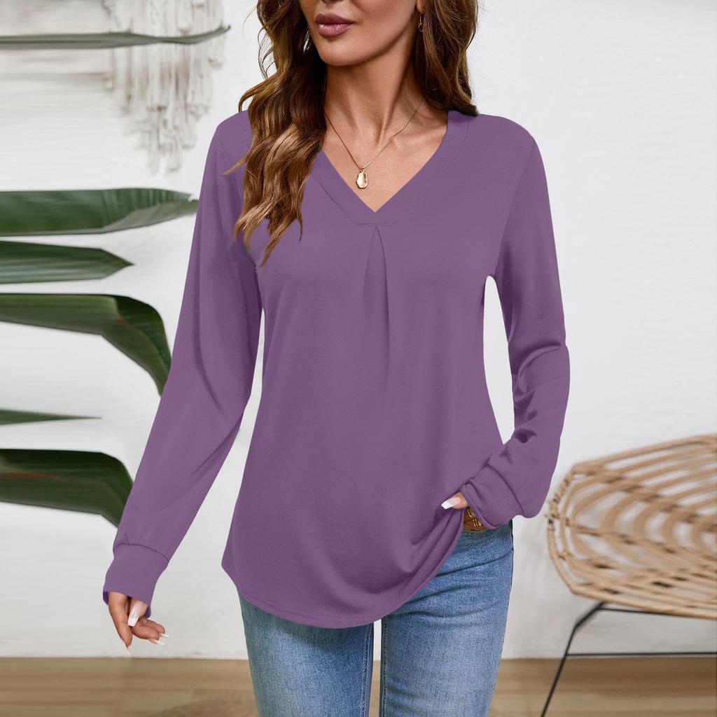 Damen Langarm V-Ausschnitt Bluse Business Casual Tunika Oberteil Locker Geschnitten Arbeitshemd