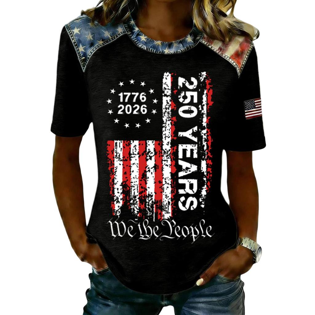 Women's Casual Short Sleeve T Shirt 250 Years Printed Graphic Tee 1776 2026 Patriotic Lettering Top Crew Neck Relaxed Fit