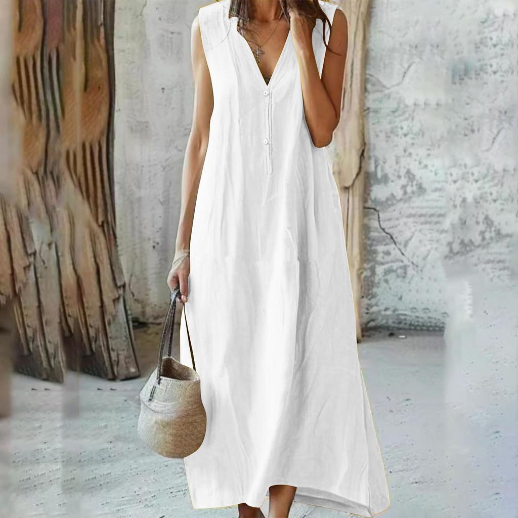 Women's Fashion V-Neck Sleeveless -Colour Casual Resort- Maxi Dress In Cotton-Linen Blend