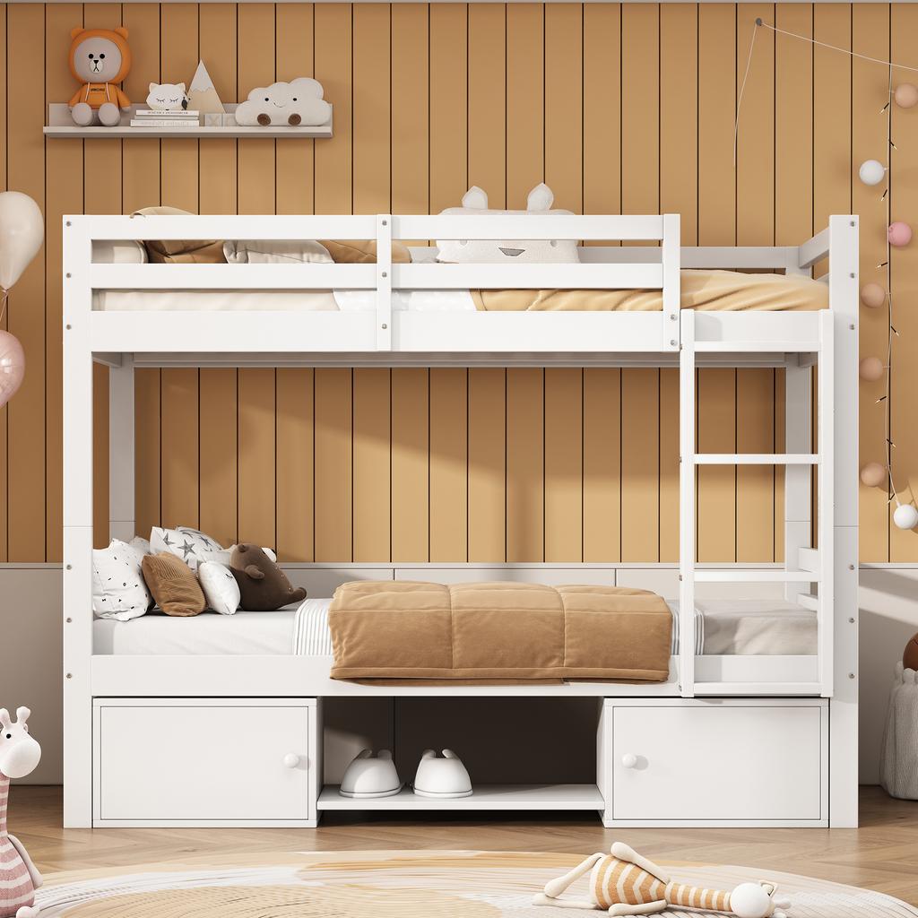 Etagenbett für Kinder, Kinderbett mit Schuhregalen und Schließfächern, Bett teilbar in 2 Einzelbetten, Jugendbett, Einzelbett, Weiß, 90x200cm.