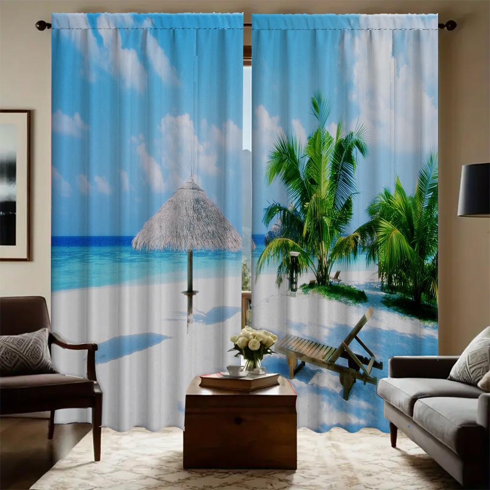 2PC Home Coconut Tree Sea View Curtains With Landscape Background And Pole Pocket Curtains, Kitchen, Coffee Shop, Living Room, B