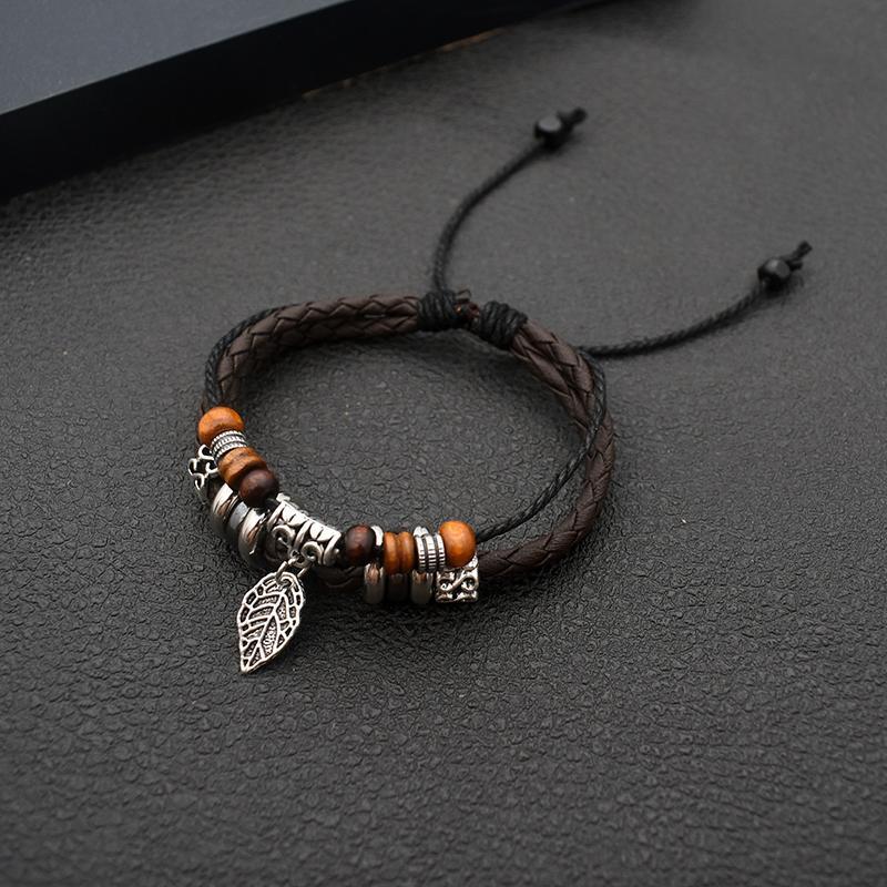 Leather Braided String Vintage Style Leaf Design Men For Women Wear Bracelet