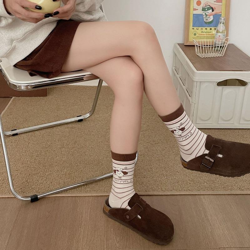 Autumn and Winter Trendy Color-blocking Women's Mid-calf Socks, Cute Cartoon Puppy Socks, Pure Cotton Versatile Lace Women's Socks