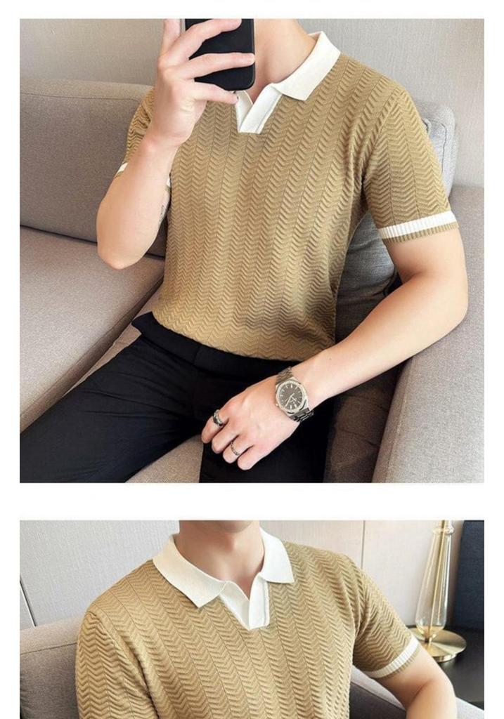 Men's Luxury Summer Jacquard Wave Pattern Polo Shirt - Short Sleeve Knit with Lapel and Color Block Design