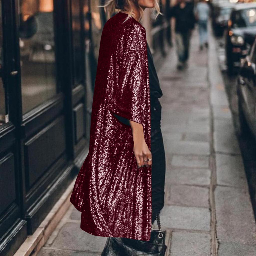 Damen Glitzer Pailletten Lässige Offene Jacke
