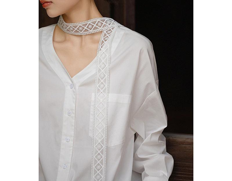 Elegant Women s Light-Colored Lace Trim Ruffle Tie Shirt, Spring 2026 Small белый