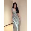 Französisches Schwerindustrie-Perlenblau-Satin-Trägerkleid Damen Neu Leichter Luxus Temperament Bankettkleid Langes Kleid Schlank machend