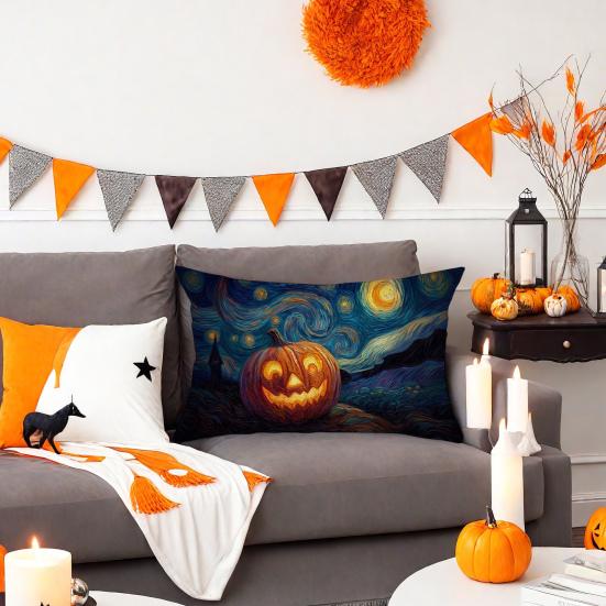 Halloween Pillow Cover Pumpkin under Starry Night Pillowcase Artistic Pillow Case for Bedroom Living Room Guest Rooms Sofa Decor