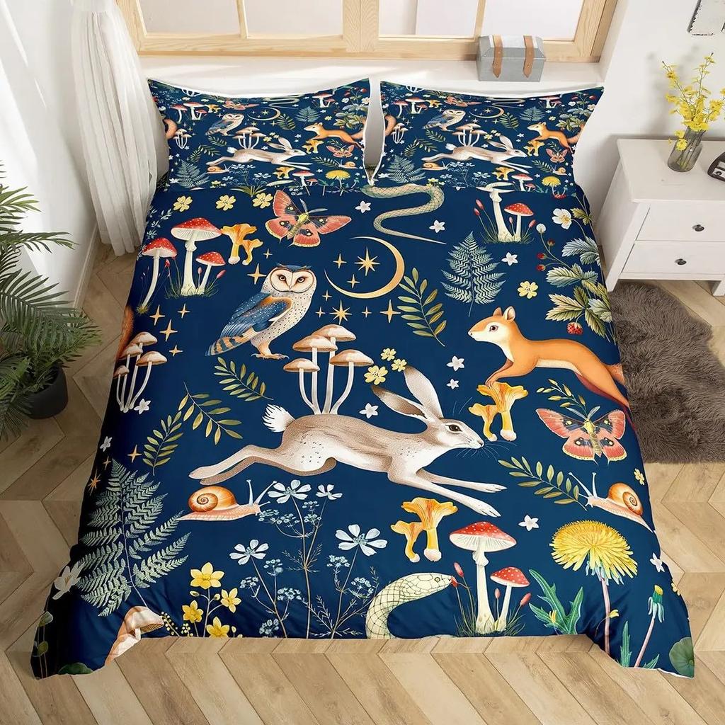 Mushroom Forest Animal Duvet Cover Set, Vintage Botanical Wildlife Bedding, 3D Printed Soft Microfiber Quilt Cover Pillowcase