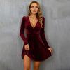 Women's Velvet Mini Dress Casual V Neck Long Sleeve A-line Swing Dress Cocktail Party Formal Wedding Guest Dress