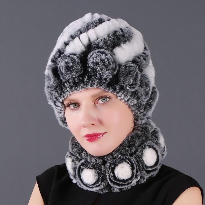 New High-quality Rex Rabbit Fur Accessories Autumn and Winter Women's Versatile Warm Hat Scarf Two-piece Set