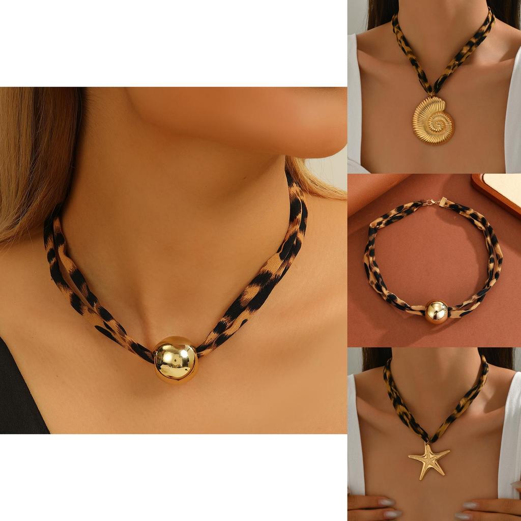 Summer Cross Necklace With Shell And Leopard Print Pendant For Women