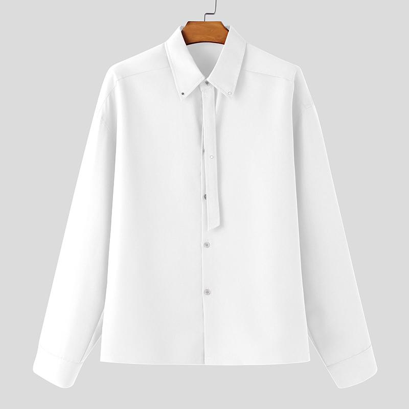 INCERUN Мужские повседневные рубашки с отложным воротником, длинным рукавом и пуговицами белый