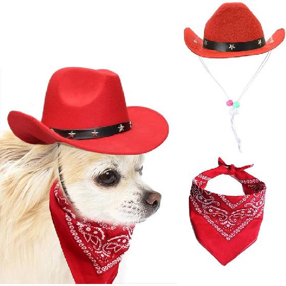 Dog Cowboy Hat and Bandana Scarf Dog Cat Sombrero Puppy Hat Dog Cat Costume Cosplay Cap Puppy Pet Dog Cat Holiday Pet Party Decoration (Black)