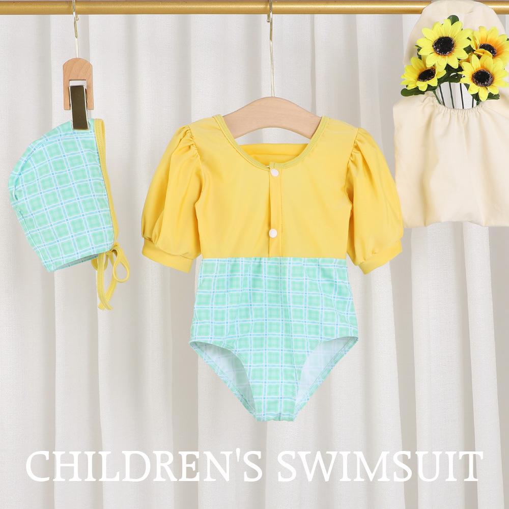 

Korean Style One-Piece Plaid Puff Sleeve Swimsuit for Baby Girls 110